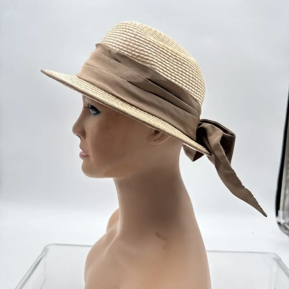 Vintage Sally Victor Headlines Women’s Straw Hat – Brown & Cream with Ribbon Bow